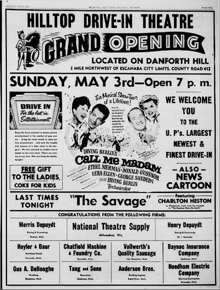 Hilltop Drive-In Theatre - Grand Opening Ad May 2 1953